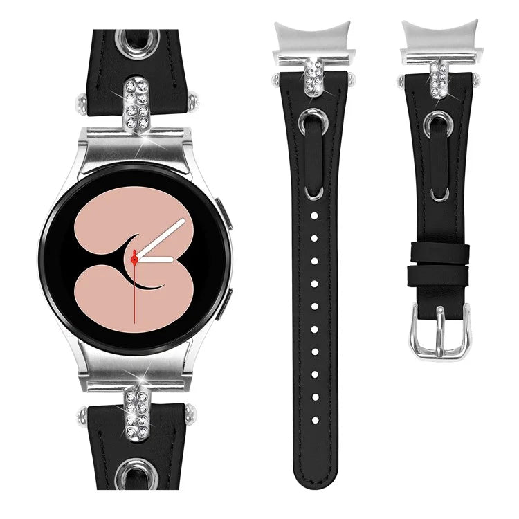 For Samsung Galaxy Watch4 / Watch4 Classic / Active / Watch 5 / 5 Pro Watch Band Genuine Cow Leather Watch Strap with Silver Connector