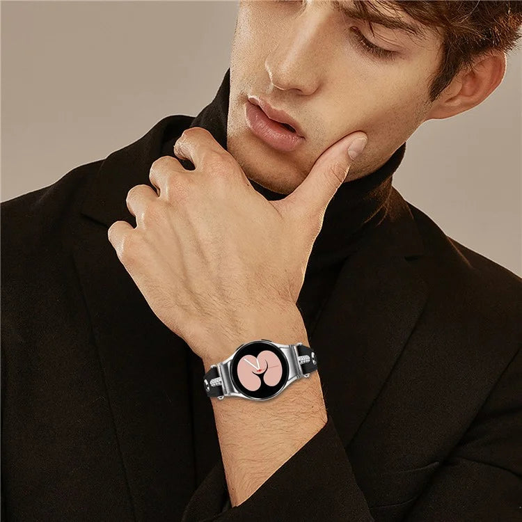 For Samsung Galaxy Watch4 / Watch4 Classic / Active / Watch 5 / 5 Pro Watch Band Genuine Cow Leather Watch Strap with Silver Connector