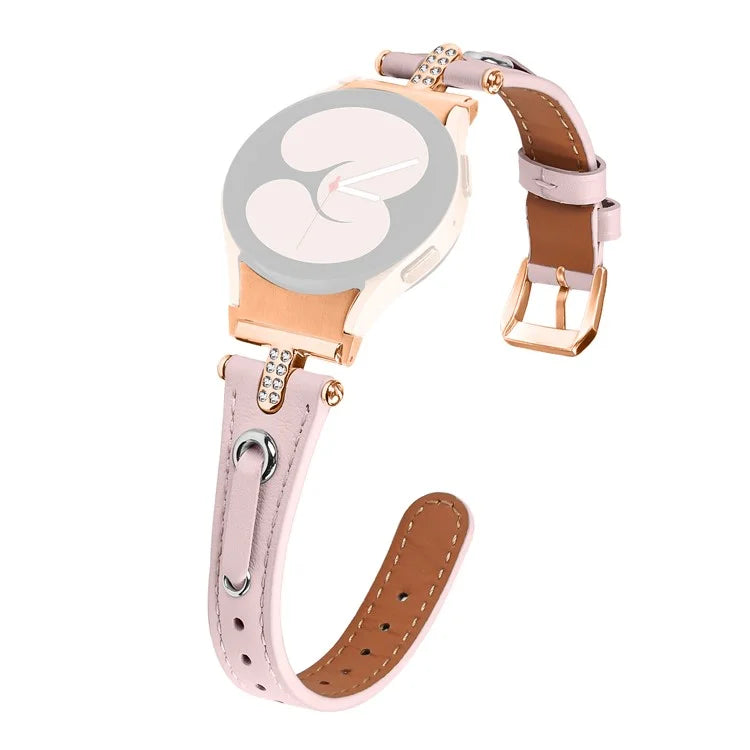 For Samsung Galaxy Watch4 / Watch4 Classic / Watch4 Active / Watch 5 / 5 Pro Genuine Cow Leather Watchband Rose Gold Connector Watch Strap