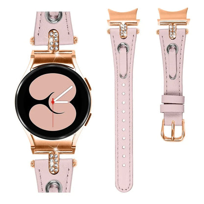 For Samsung Galaxy Watch4 / Watch4 Classic / Watch4 Active / Watch 5 / 5 Pro Genuine Cow Leather Watchband Rose Gold Connector Watch Strap