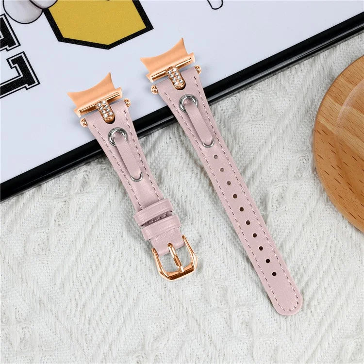 For Samsung Galaxy Watch4 / Watch4 Classic / Watch4 Active / Watch 5 / 5 Pro Genuine Cow Leather Watchband Rose Gold Connector Watch Strap