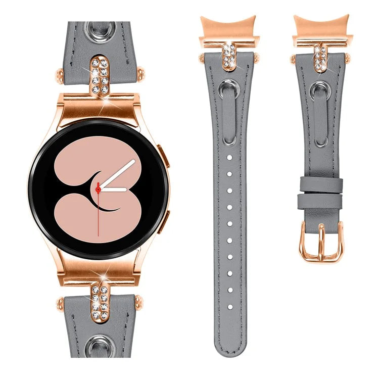 For Samsung Galaxy Watch4 / Watch4 Classic / Watch4 Active / Watch 5 / 5 Pro Genuine Cow Leather Watchband Rose Gold Connector Watch Strap