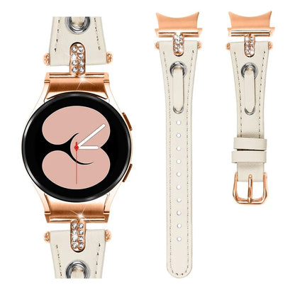 For Samsung Galaxy Watch4 / Watch4 Classic / Watch4 Active / Watch 5 / 5 Pro Genuine Cow Leather Watchband Rose Gold Connector Watch Strap