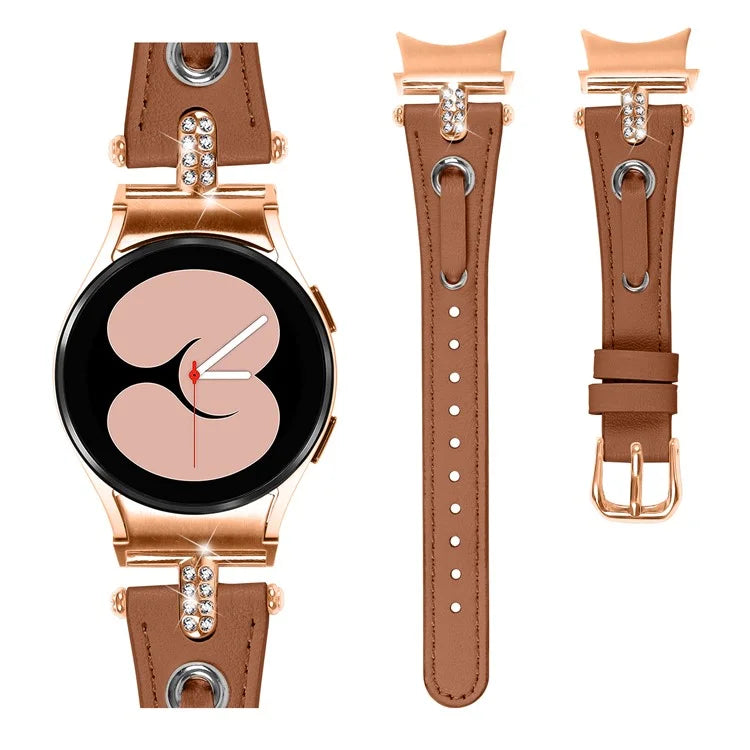 For Samsung Galaxy Watch4 / Watch4 Classic / Watch4 Active / Watch 5 / 5 Pro Genuine Cow Leather Watchband Rose Gold Connector Watch Strap