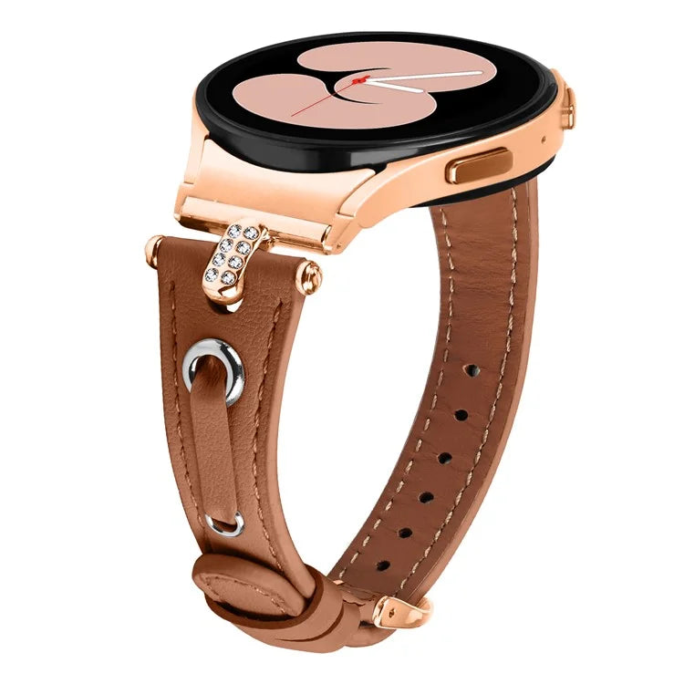 For Samsung Galaxy Watch4 / Watch4 Classic / Watch4 Active / Watch 5 / 5 Pro Genuine Cow Leather Watchband Rose Gold Connector Watch Strap