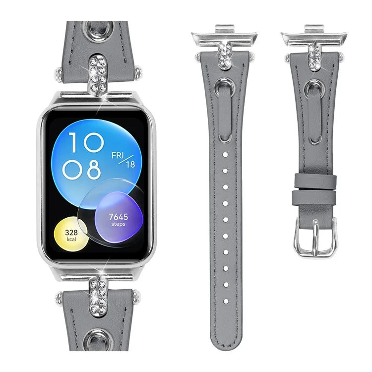 For Xiaomi Smart Band 8 Pro Slim Strap Rhinestone Genuine Cow Leather Watch Band (Silver Buckle)