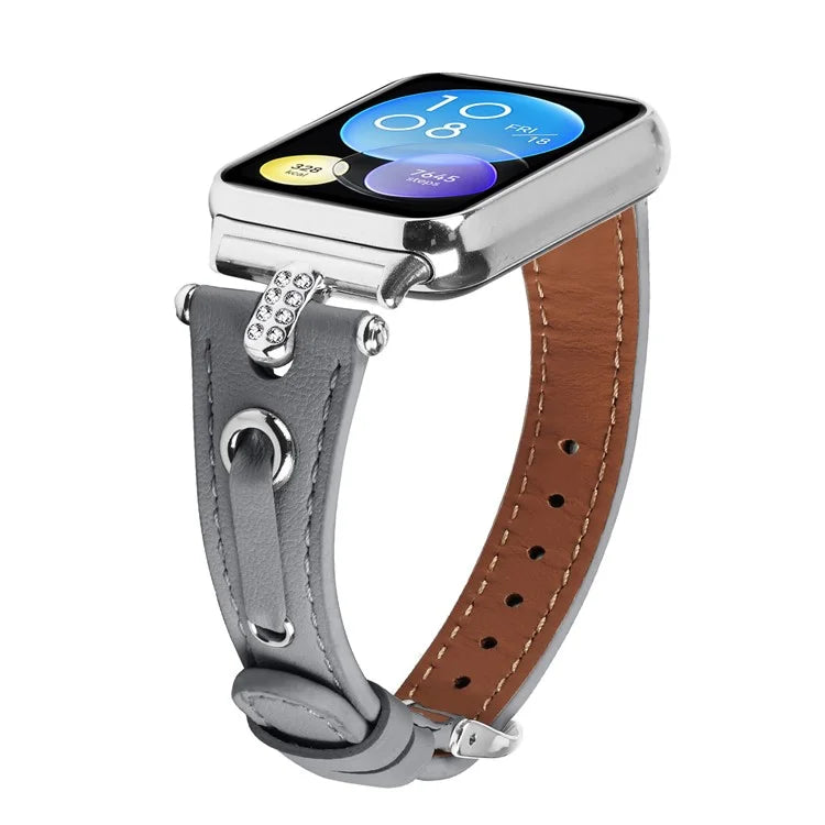 For Xiaomi Smart Band 8 Pro Slim Strap Rhinestone Genuine Cow Leather Watch Band (Silver Buckle)