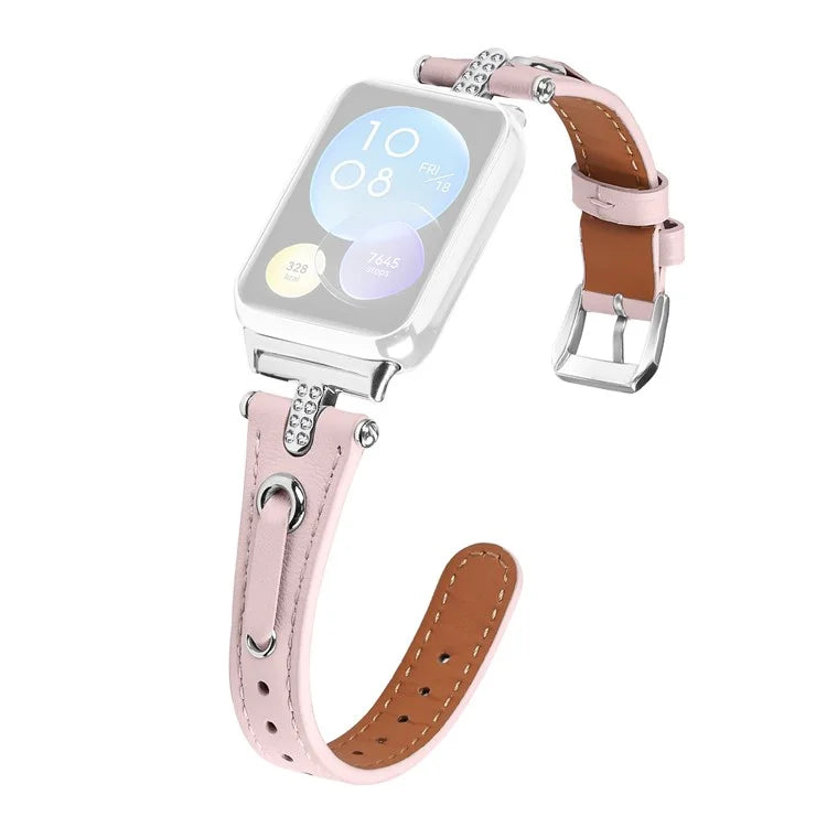 For Xiaomi Smart Band 8 Pro Slim Strap Rhinestone Genuine Cow Leather Watch Band (Silver Buckle)