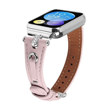 For Xiaomi Smart Band 8 Pro Slim Strap Rhinestone Genuine Cow Leather Watch Band (Silver Buckle)