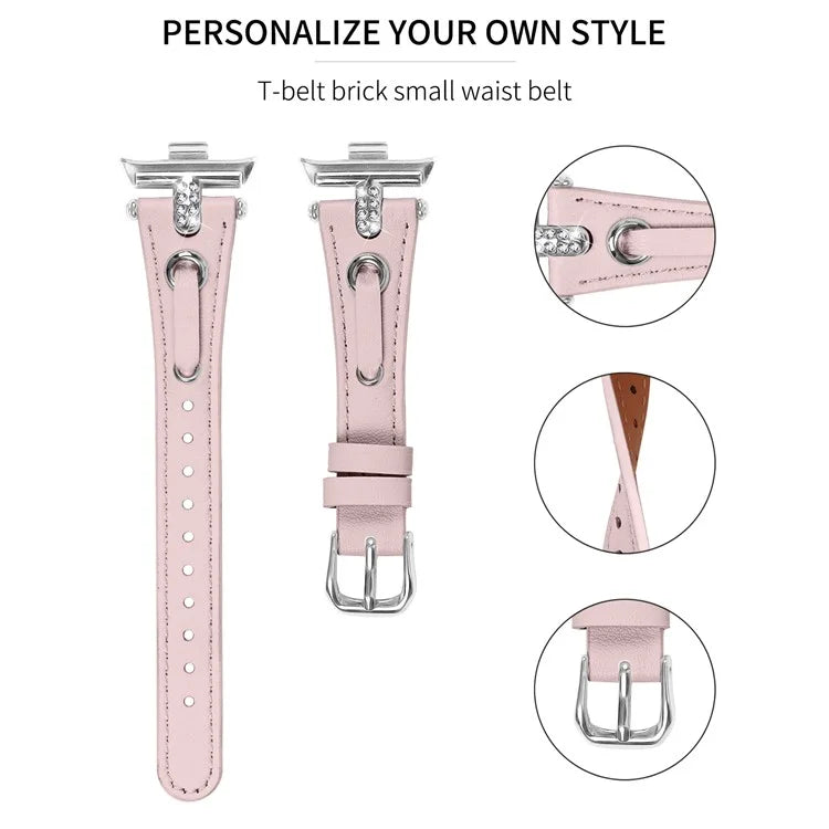 For Xiaomi Smart Band 8 Pro Slim Strap Rhinestone Genuine Cow Leather Watch Band (Silver Buckle)