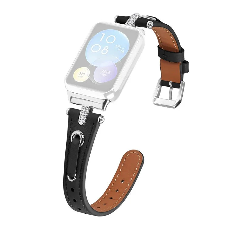 For Xiaomi Smart Band 8 Pro Slim Strap Rhinestone Genuine Cow Leather Watch Band (Silver Buckle)