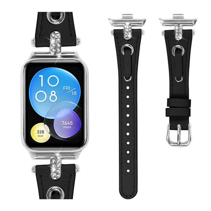 For Xiaomi Smart Band 8 Pro Slim Strap Rhinestone Genuine Cow Leather Watch Band (Silver Buckle)