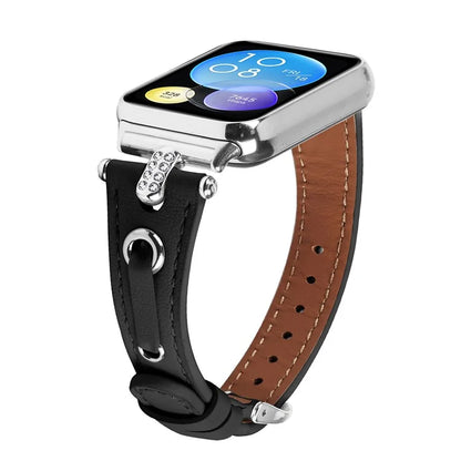For Xiaomi Smart Band 8 Pro Slim Strap Rhinestone Genuine Cow Leather Watch Band (Silver Buckle)