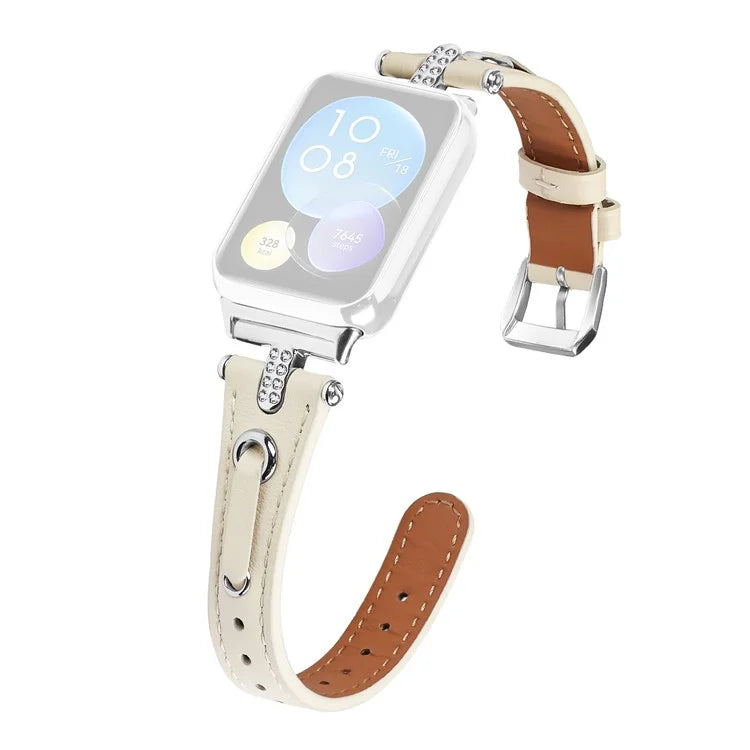 For Xiaomi Smart Band 8 Pro Slim Strap Rhinestone Genuine Cow Leather Watch Band (Silver Buckle)