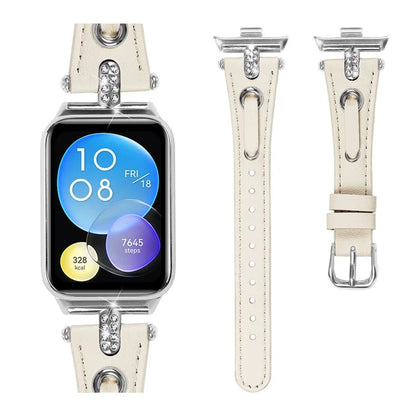 For Xiaomi Smart Band 8 Pro Slim Strap Rhinestone Genuine Cow Leather Watch Band (Silver Buckle)