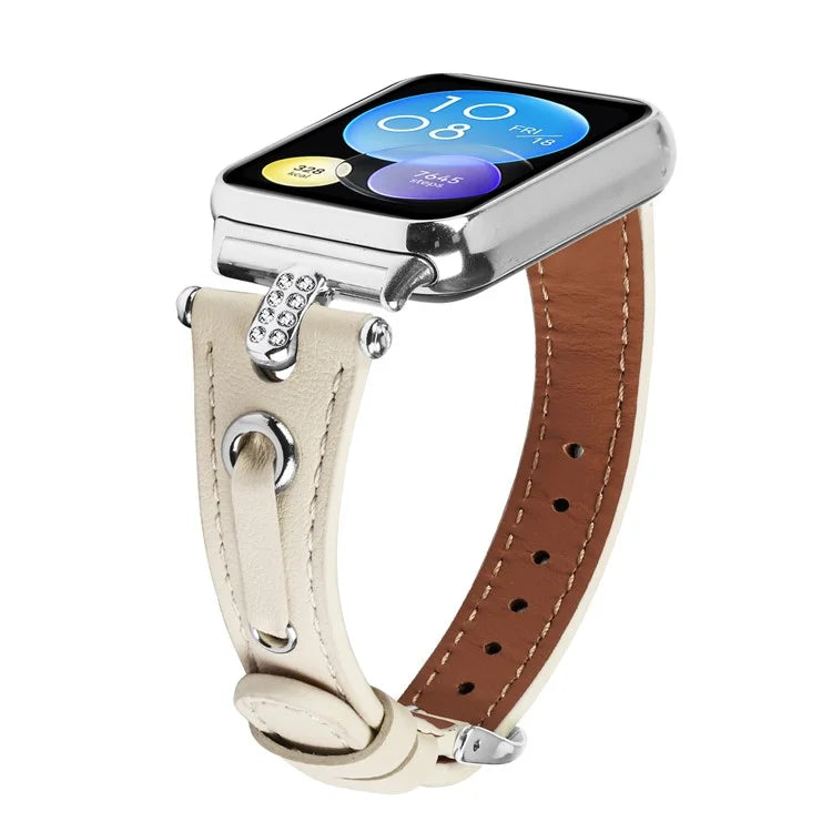 For Xiaomi Smart Band 8 Pro Slim Strap Rhinestone Genuine Cow Leather Watch Band (Silver Buckle)