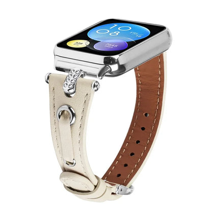 For Xiaomi Smart Band 8 Pro Slim Strap Rhinestone Genuine Cow Leather Watch Band (Silver Buckle)