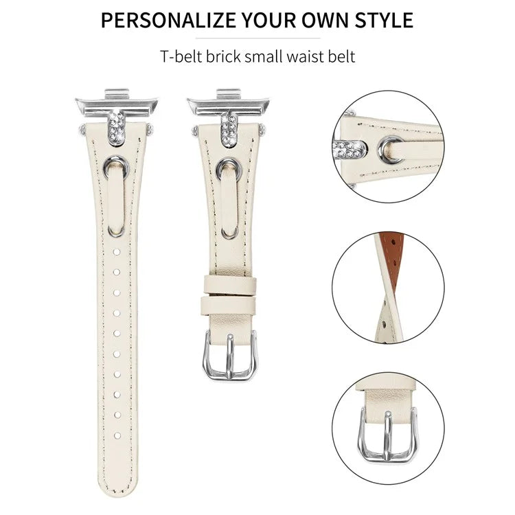 For Xiaomi Smart Band 8 Pro Slim Strap Rhinestone Genuine Cow Leather Watch Band (Silver Buckle)