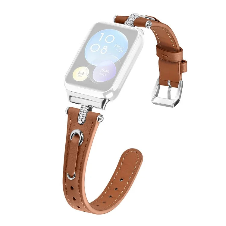 For Xiaomi Smart Band 8 Pro Slim Strap Rhinestone Genuine Cow Leather Watch Band (Silver Buckle)