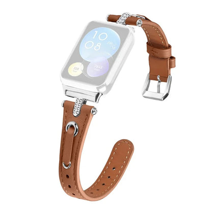 For Xiaomi Smart Band 8 Pro Slim Strap Rhinestone Genuine Cow Leather Watch Band (Silver Buckle)