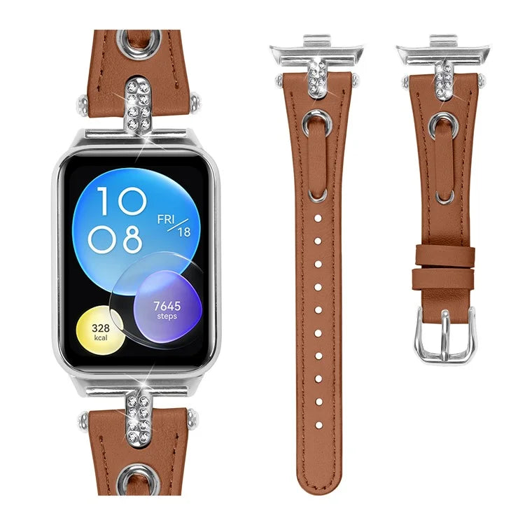 For Xiaomi Smart Band 8 Pro Slim Strap Rhinestone Genuine Cow Leather Watch Band (Silver Buckle)