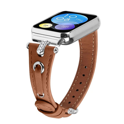 For Xiaomi Smart Band 8 Pro Slim Strap Rhinestone Genuine Cow Leather Watch Band (Silver Buckle)
