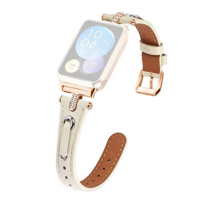 For Xiaomi Smart Band 8 Pro Rhinestone Genuine Cow Leather Watch Strap (Rose Gold Buckle)