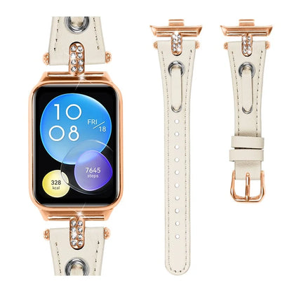 For Xiaomi Smart Band 8 Pro Rhinestone Genuine Cow Leather Watch Strap (Rose Gold Buckle)