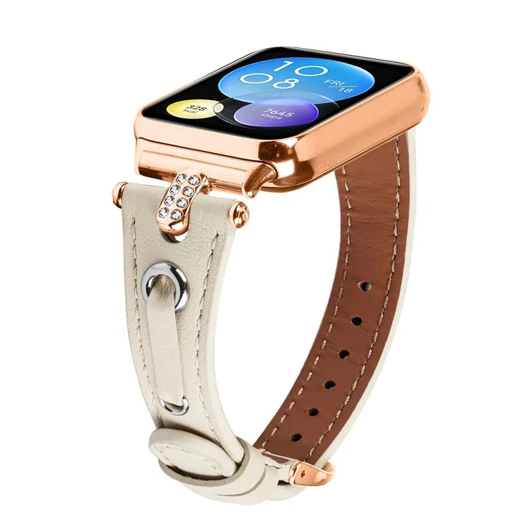For Xiaomi Smart Band 8 Pro Rhinestone Genuine Cow Leather Watch Strap (Rose Gold Buckle)