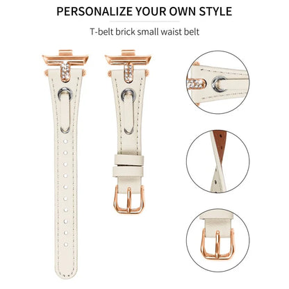 For Xiaomi Smart Band 8 Pro Rhinestone Genuine Cow Leather Watch Strap (Rose Gold Buckle)