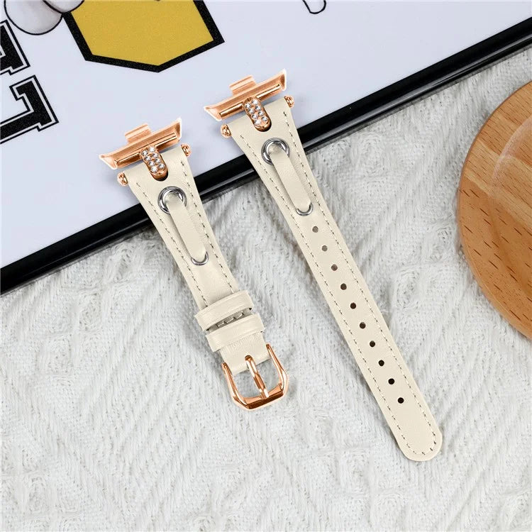 For Xiaomi Smart Band 8 Pro Rhinestone Genuine Cow Leather Watch Strap (Rose Gold Buckle)
