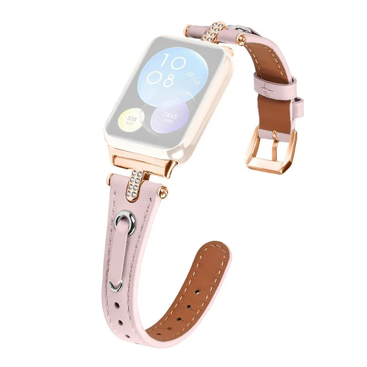 For Xiaomi Smart Band 8 Pro Rhinestone Genuine Cow Leather Watch Strap (Rose Gold Buckle)