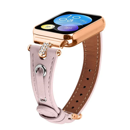 For Xiaomi Smart Band 8 Pro Rhinestone Genuine Cow Leather Watch Strap (Rose Gold Buckle)