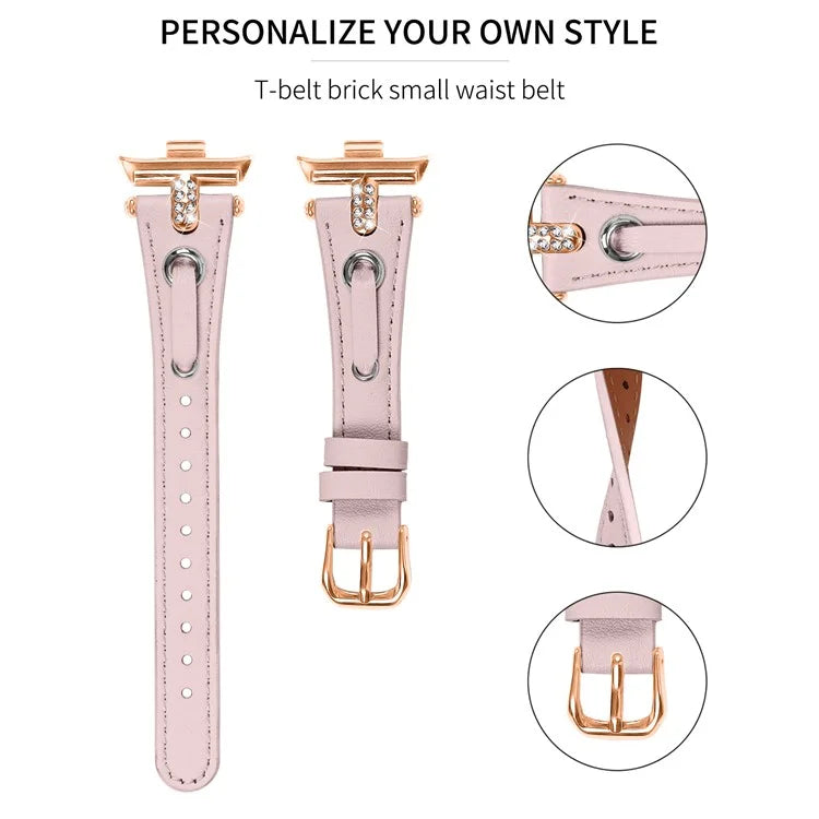 For Xiaomi Smart Band 8 Pro Rhinestone Genuine Cow Leather Watch Strap (Rose Gold Buckle)