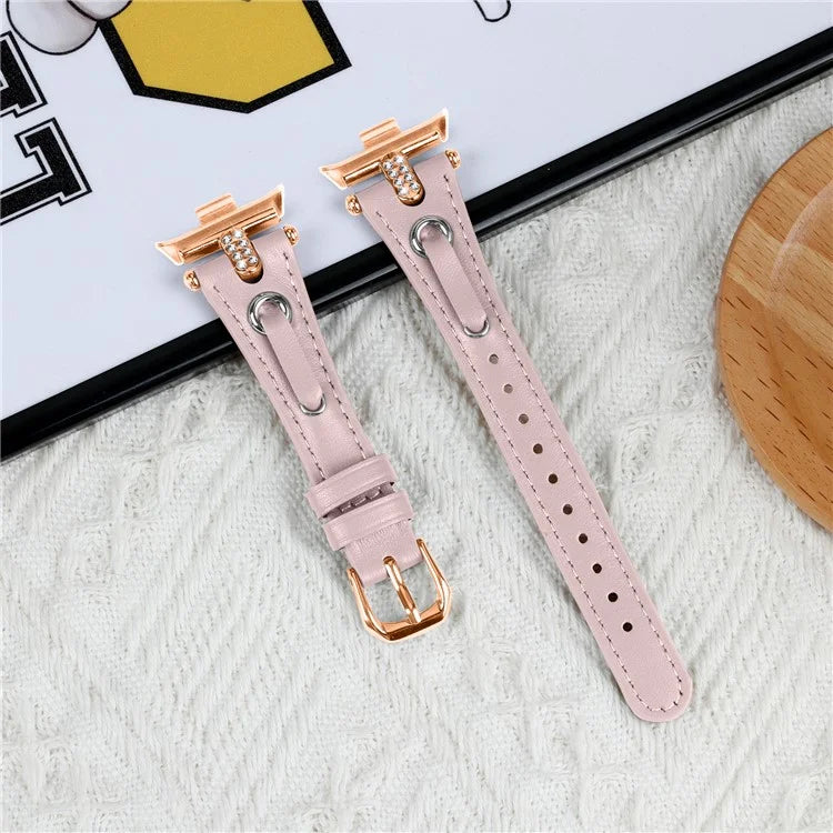 For Xiaomi Smart Band 8 Pro Rhinestone Genuine Cow Leather Watch Strap (Rose Gold Buckle)