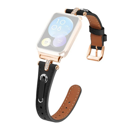 For Xiaomi Smart Band 8 Pro Rhinestone Genuine Cow Leather Watch Strap (Rose Gold Buckle)