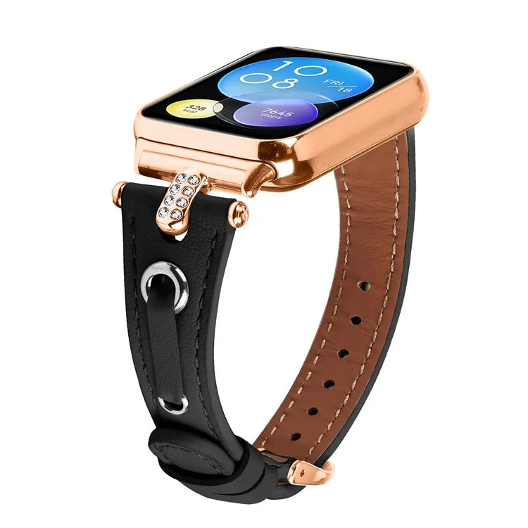 For Xiaomi Smart Band 8 Pro Rhinestone Genuine Cow Leather Watch Strap (Rose Gold Buckle)