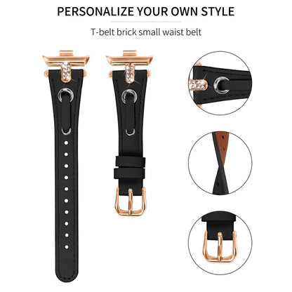 For Xiaomi Smart Band 8 Pro Rhinestone Genuine Cow Leather Watch Strap (Rose Gold Buckle)