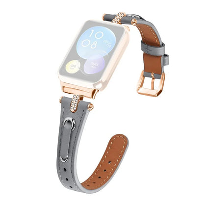 For Xiaomi Smart Band 8 Pro Rhinestone Genuine Cow Leather Watch Strap (Rose Gold Buckle)