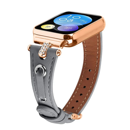 For Xiaomi Smart Band 8 Pro Rhinestone Genuine Cow Leather Watch Strap (Rose Gold Buckle)