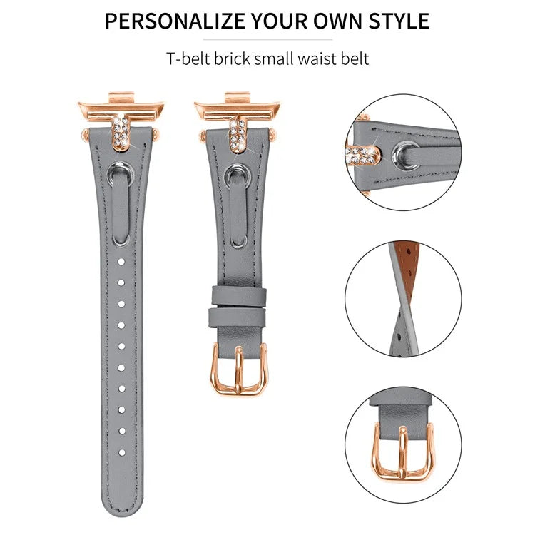 For Xiaomi Smart Band 8 Pro Rhinestone Genuine Cow Leather Watch Strap (Rose Gold Buckle)
