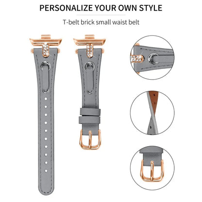 For Xiaomi Smart Band 8 Pro Rhinestone Genuine Cow Leather Watch Strap (Rose Gold Buckle)