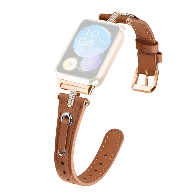 For Xiaomi Smart Band 8 Pro Rhinestone Genuine Cow Leather Watch Strap (Rose Gold Buckle)