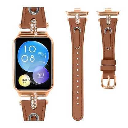 For Xiaomi Smart Band 8 Pro Rhinestone Genuine Cow Leather Watch Strap (Rose Gold Buckle)
