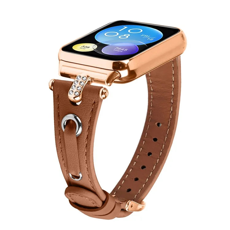 For Xiaomi Smart Band 8 Pro Rhinestone Genuine Cow Leather Watch Strap (Rose Gold Buckle)