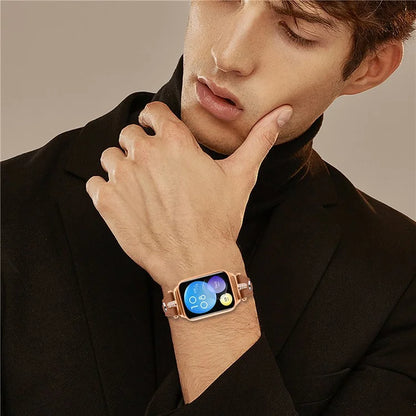 For Xiaomi Smart Band 8 Pro Rhinestone Genuine Cow Leather Watch Strap (Rose Gold Buckle)