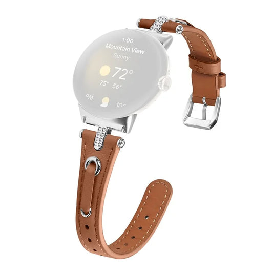 For Google Pixel Watch Genuine Cow Leather Watch Strap Rhinestone Decor Watch Band with Silver Buckle