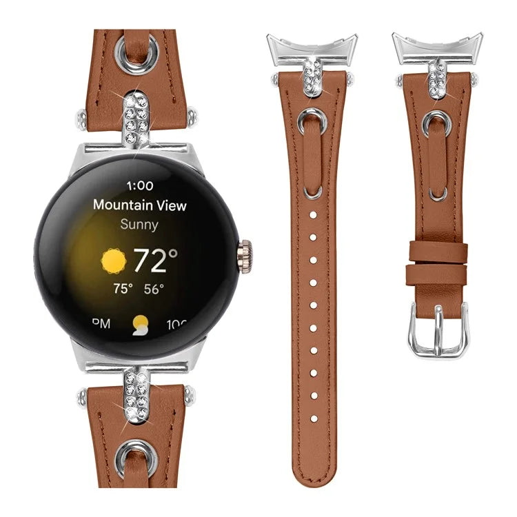 For Google Pixel Watch Genuine Cow Leather Watch Strap Rhinestone Decor Watch Band with Silver Buckle