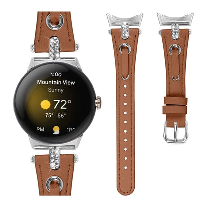For Google Pixel Watch Genuine Cow Leather Watch Strap Rhinestone Decor Watch Band with Silver Buckle