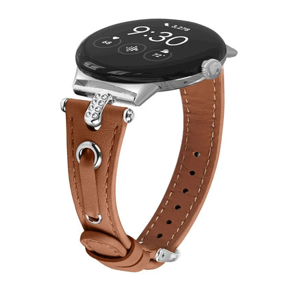 For Google Pixel Watch Genuine Cow Leather Watch Strap Rhinestone Decor Watch Band with Silver Buckle